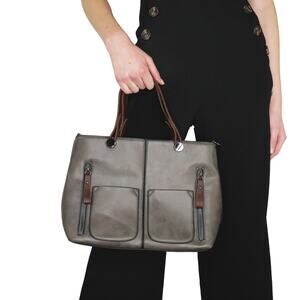 1990s Vintage Steel Gray Leather Tote Bag Hand Bag